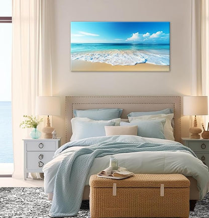 Beach Pictures Wall Art Canvas Print Ocean Pictures Wall Decor Blue Seascape Painting Large Beach Landscape Picture Modern for Home Living Room Bedroom Bathroom Office Decorations 20" x 40"