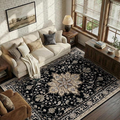 RELEANY Area Rugs 5'x7' Washable Non-Slip, Floral Vintage Distress Print Pattern Medallion Carpet for Living Room Bedroom Dining Room, Black Brown Neutral Dark Tan