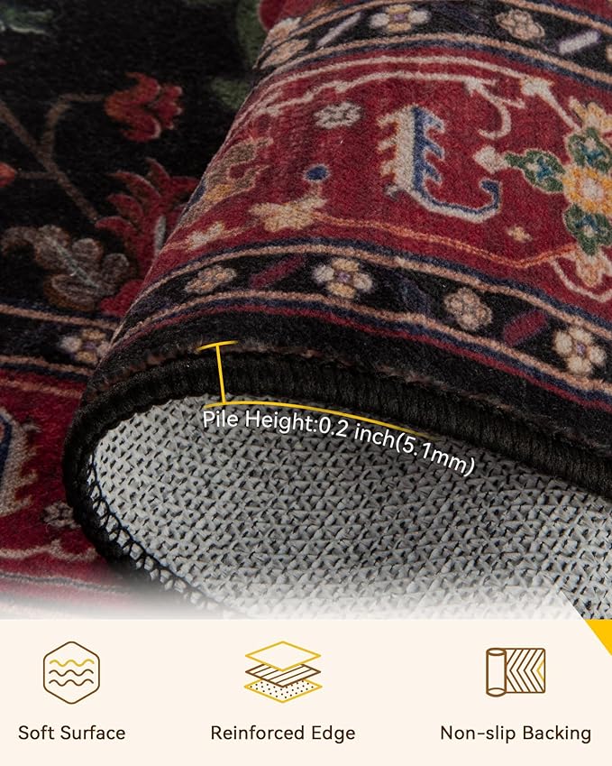 RELEANY Area Rugs 9'x12' Washable Non-Slip, Floral Vintage Distress Print Pattern Medallion Carpet for Living Room Bedroom Dining Room, Red Black