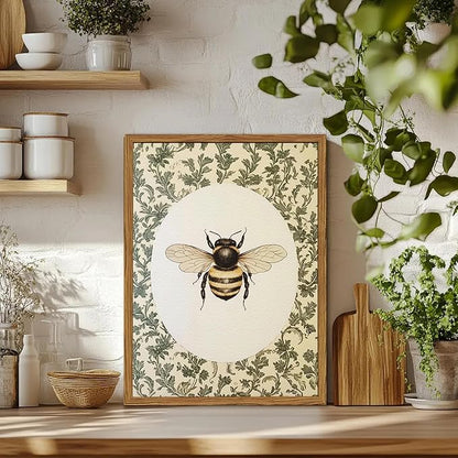 Framed Vintage Bee Wall Art, Rustic Insect Pictures Wall Decor, 3D Textured Sandstone Green Botanical Paintings Prints Cottagecore Home Decor for Living Room Bedroom Office 16x24 inch