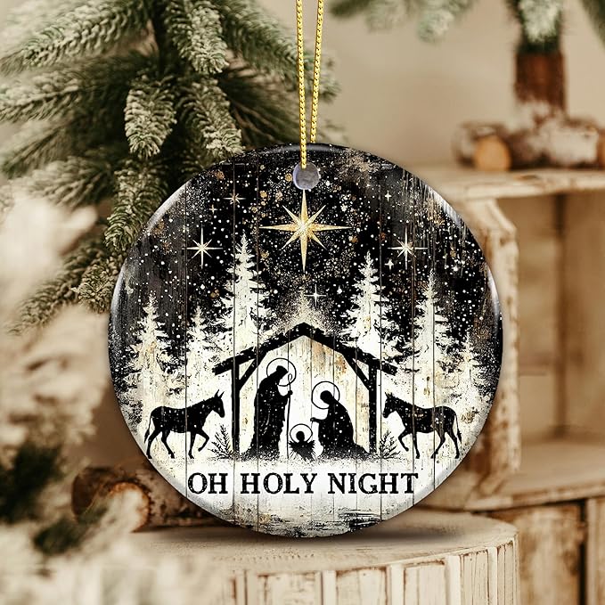 Oh Holy Night Nativity Ornament 2025 – Gift for Congregation, Rustic Christian Décor Featuring Manger Scene with Baby Jesus, Mary, Joseph, Star of Bethlehem, Religious Keepsake for Faith-Based