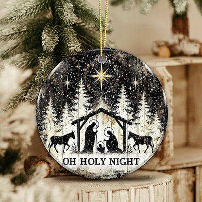 Oh Holy Night Nativity Ornament 2025 – Gift for Congregation, Rustic Christian Décor Featuring Manger Scene with Baby Jesus, Mary, Joseph, Star of Bethlehem, Religious Keepsake for Faith-Based