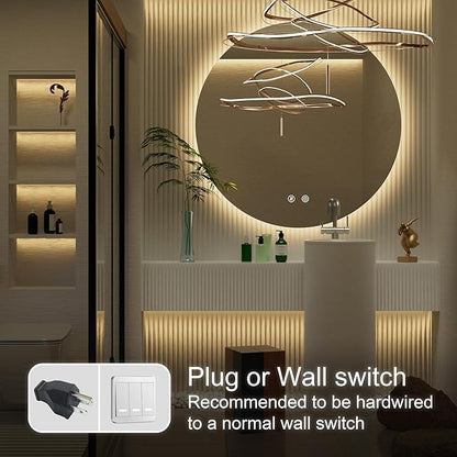 32 Inch Round LED Bathroom Mirror with Light, 3 Color Temperatures (3000K/4500K/6000K), Anti-Fog, Dimmable Backlit, Frameless Round Vanity Mirror with Lights