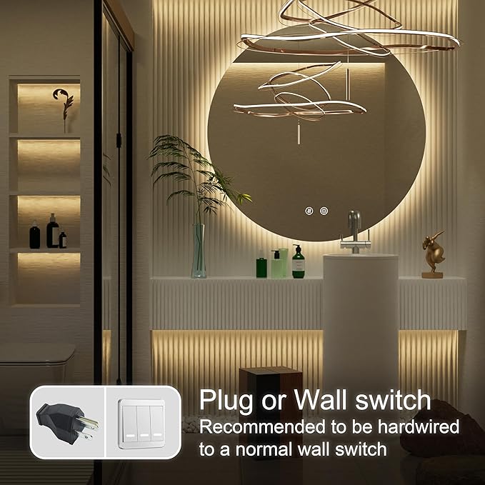 30 Inch Round LED Bathroom Mirror with Light, 3 Color Temperatures (3000K/4500K/6000K), Anti-Fog, Dimmable Backlit, Frameless Round Lighted Bathroom Mirror