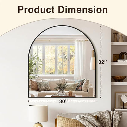 Vanity Bathroom Mirror for Wall, 32”x30” Arched Bathroom Mirror for Over Sink, Arched Metal Frame for Bedroom, Living Room, Entryway, Hanging or Leaning, Black