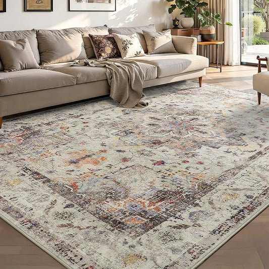 YOH Boho Washable Rug 4x6, Vintage Multi Non Slip Area Rug, Distressed Indoor Carpet for Living Room Bedroom Kitchen Office