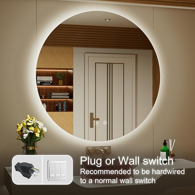 30 Inch Round LED Bathroom Mirror with Light, 3 Color Temperatures (3000K/4500K/6000K), Anti-Fog, Dimmable Backlit, Frameless Round Lighted Bathroom Mirror