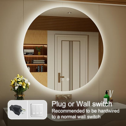 30 Inch Round LED Bathroom Mirror with Light, 3 Color Temperatures (3000K/4500K/6000K), Anti-Fog, Dimmable Backlit, Frameless Round Lighted Bathroom Mirror