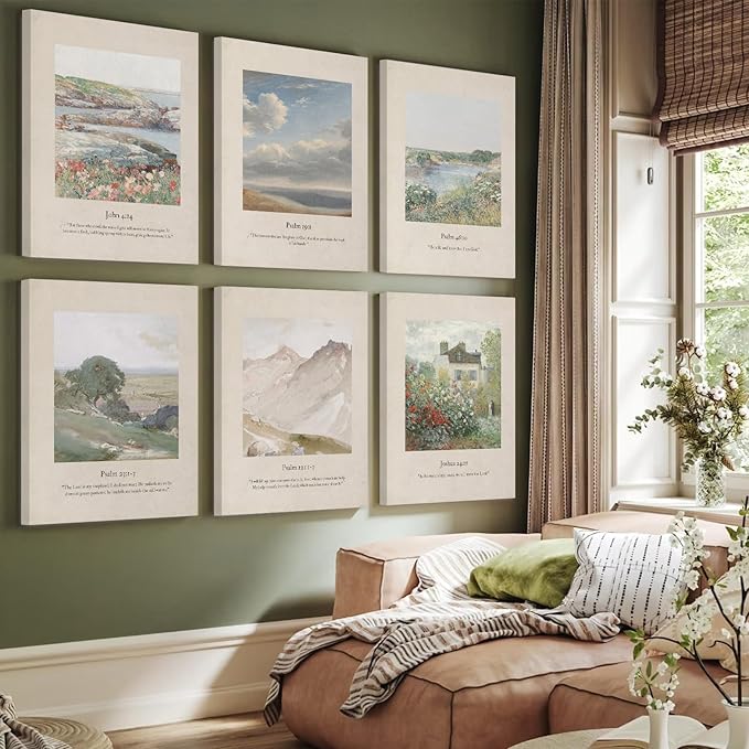 Christian Scripture Wall Art Set of 6 Bible Verse Canvas Wall Decor Psalm 23 Wall Art Religious Pictures Vintage Prints Christian Artwork Bible Verse Poster for Living Room 8x10 Inch Ready to Hang