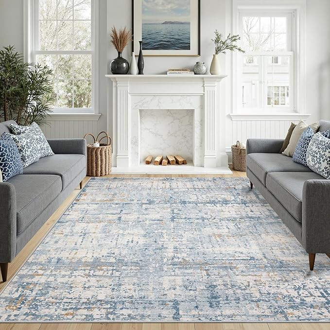 Rugxara Blue 8x10 Area Rugs,Large Soft Rugs for Living Room, Blue Washable Rug, Modern Abstract Rugs for Bedroom Dining Room, Non-Slip Foldable Thin Indoor Carpet Stain Resistant(Blue Beige)