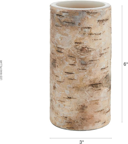 Mikasa Birch LED Wax Pillar Candle with Flickering Flame - Real Wax Design & 5-Hour Timer for Safe Warm Lighting - Rustic Accent for Cozy Home Decor & Ambient Mood Settings