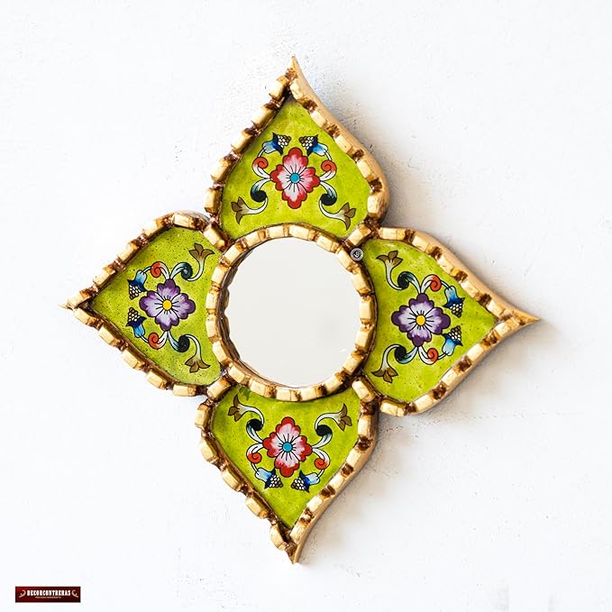 Small Green Peruvian Mirrors for wall Holiday – Diamond/Square Shape wall Artisan Mirror in Painted Glass with Gold Leaf Frame (Lime Green)