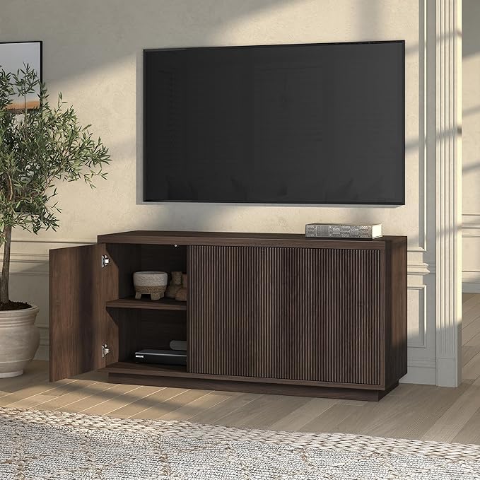 Henn&Hart Fluted TV Stand for TVs up to 55" with 3 Swing Out Ribbed Doors and Adjustable Shelves for Living Room, Family Room, or Office, Rich Brown