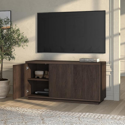 Henn&Hart Fluted TV Stand for TVs up to 55" with 3 Swing Out Ribbed Doors and Adjustable Shelves for Living Room, Family Room, or Office, Rich Brown