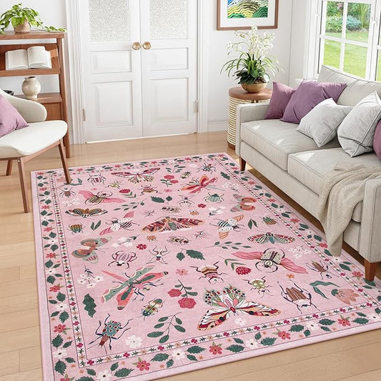 Lahome Insect Machine Washable Rugs 5x7, Soft Modern Pink Rugs for Bedroom Girls Living Room, Non Slip Ultra-Thin Stain Resistant Accent Carpet for Dining Room Nursery Vionnet(5'x7',Pink)