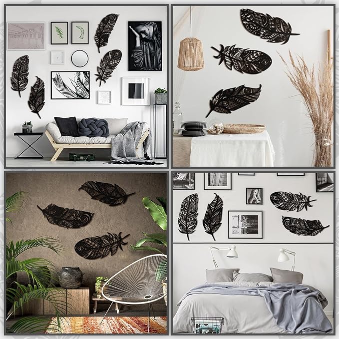 Qunclay 4 Pieces Feather Wall Decor Wooden Feather Wall Art Boho Wall Decor Laser Cut Hanging Mandala Large Rustic Farmhouse Wood Sign for Home Living Room Bedroom Bathroom Kitchen(Black)