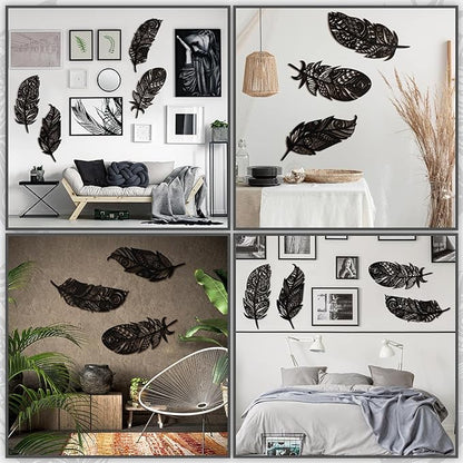 Qunclay 4 Pieces Feather Wall Decor Wooden Feather Wall Art Boho Wall Decor Laser Cut Hanging Mandala Large Rustic Farmhouse Wood Sign for Home Living Room Bedroom Bathroom Kitchen(Black)