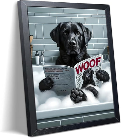 Framed Funny Dog Bathroom Canvas Wall Art, Black Labrador Reading Newspaper in Bathtub Poster Painting Print Picture, Humorous Animal Wall Decor for Modern Farmhouse Toilet Restroom Washroom 8x10 Inch