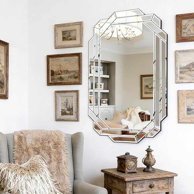Chende 32" x 47" Large Bathroom Mirror for Wall, Decorative Wall Mirror with Beveled Glass Frame, Horizontal/Vertical Mirror for Living Room, Dining Room, Bedroom Decor