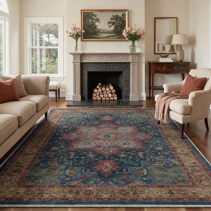 GENIMO 8x10 Area Rugs for Living Room, Machine Washable Rug, Non Slip Indoor Vintage Carpet, Low Pile Lightweight Chenille Print Carpet for Bedroom Dining Room Home Office,Teal Burgundy