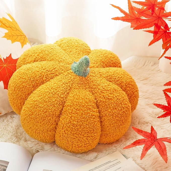Kajaia 1 Pcs Simulated Pumpkin Plush Pillow 11 x 9.5 Inch 3D Cushion Fall Decorations Stuffed Throw Pillows Toy for Fall Halloween Thanksgiving Bedroom Sofa Couch Supplies (Yellow)
