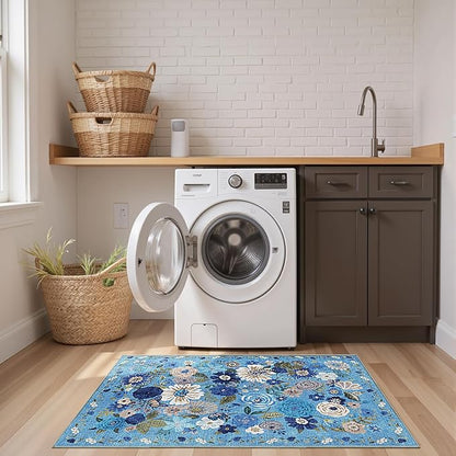 2x4 Entryway Runner Rugs, Non Slip Washable Rugs with Rubber Backing Soft Floral Carpet Runner for Kitchen, Laundry, Bedroom, Bathroom, Blue Garden, 2 x 4