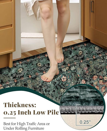 Lunasun Boho Dark Green Botanical 2x6 Washable Long Kitchen Runner Rug - Floral Throw Rug for Hallway, Bathroom, Indoor Entrance, Laundry, Bedroom - Soft Vintage Front Door Mat with Low Pile Non Skid