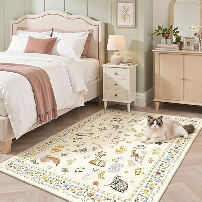 Soalmost Cat 3x5 Area Rugs for Entryway, Machine Washable Animal Floral Accent Rug Non-Slip Low Pile Soft Throw Rugs for Kitchen Bedside Living Room Bedroom Kids Room (3 x 5,Beige)