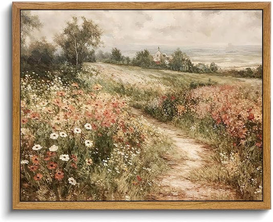 OIQArtOIQ Framed Canvas Wall Art,Vintage Decor,Landscape Nature Country Wildflower Paintings Farmhouse Pictures Modern Artwork Rustic Fall Flower Prints Cottagecore Office Living Room Bedroom Bathroom