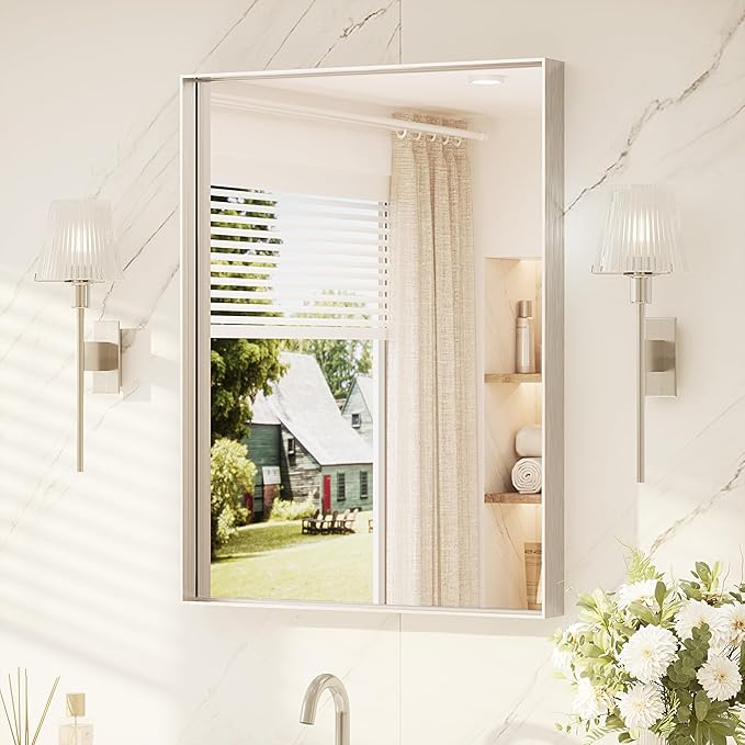 TETOTE Brushed Nickel Bathroom Mirror 24" x 32" Vanity Mirror for Over Sink Brushed Nickel, Tempered Glass, Modern Farmhouse Rectangle Frame Wall Mirrors for Bathroom, Bedroom, Entryway, Living Room