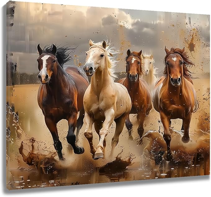LB Western Horse Wall Art Running White and Brown Horse with Gray Sky Canvas Wall Art Galloping Wild Farm Animal Wall Decor for Living Room Bedroom Bathroom Office Framed Ready to Hang 8L x 10W