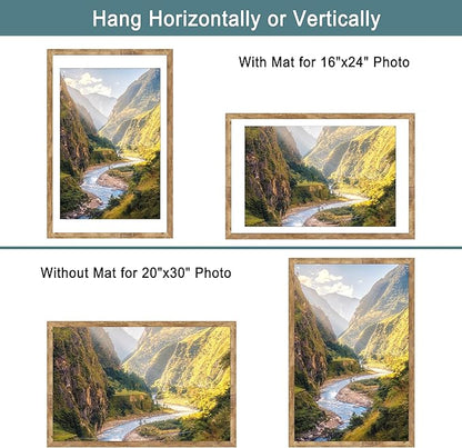 iRahmen 20x30 Poster Frame Set of 2 with Plexiglass, Wood Brown Rustic Picture Frames for Wall Mounting Display Picture 16x24 with Mat or 20 x 30 Without Mat
