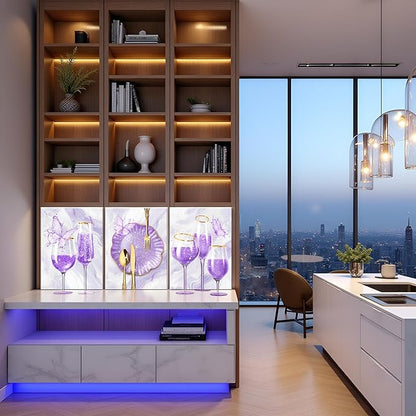 sechars 3 Pieces Set Kitchen Wall Decor Purple Wine Glass Wall Art Gold Utensils Canvas Prints Modern Dining Room Pictures (Purple)