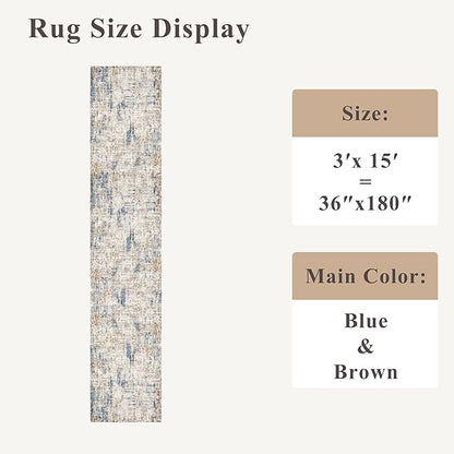 3x15 Ft Long Hallway Runner Rug - Non-Slip Washable Kitchen Runner Rug with Rubber Backing | Modern Abstract Wide Floor Carpet Runner for Indoor Entryway, Bedroom, Living Room（Blue Brown）