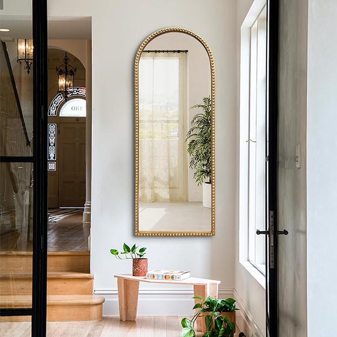 BAODANFU Vintage Full Length Wall Mirror, Large Gold Arch Floor Mirror 20"X53" with Antique Beaded Metal Frame for Dresser Living Room, Decorative Mirrors for Entryway Hallway Bathroom