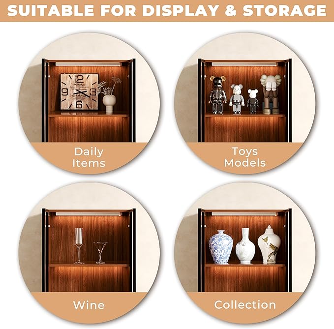 62.9'' Tall Mid Century Modern Lighted Glass Display Cabinet with Two Drawers, Walnut Finish Brown Dining China Hutch with 3 Tiers Storage Shelves, Wooden Curio Showcase for Living Room Kitchen