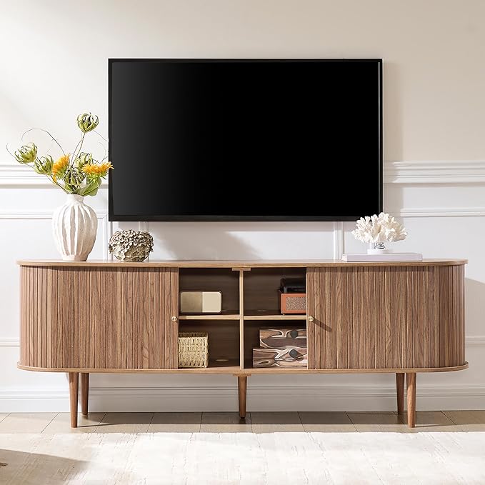 AMERLIFE 70" Mid-Century Modern TV Stand, TV Console Table for TVs up to 80 Inch, Fluted Wood Media Console with Storage, Solid Wood Legs, Walnut