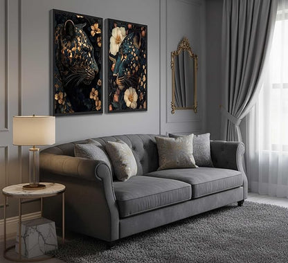 Dark Cheetah Canvas Wall Art Moody Blue and Gold Leopard Wildlife Animal Flower Pictures Painting Wall Decor Poster Print Artwork for Living Room Bedroom Decoration Unframed