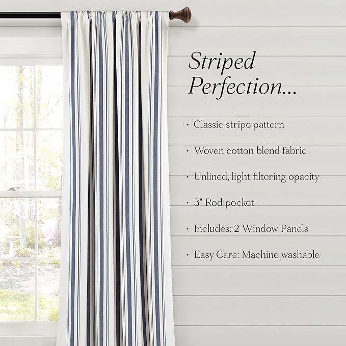 Lush Decor Farmhouse Stripe Yarn Dyed Eco-Friendly Recycled Cotton Window Curtain Panel Pair, 42" W x 63" L, Navy - Classic Modern Rustic Charm - Eco Friendly Cotton Fabric