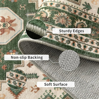 Tangsoo 2.6x10 Washable Runner Rug for Hallways,Vintage Non-Slip Runner Rug Boho Non-Slip Soft Low Pile Long Indoor Rug Runner Carpet for Kitchen Bedroom Entryway Laundry Green Beige