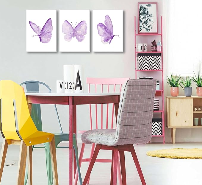 3Pcs Butterfly Canvas Wall Art Purple Butterfly Posters Pictures Minimalist Cute Animal Paintings Aesthetic Preppy Room Prints for Girls Bedroom Nursery Home Wall Decor Gift Framed
