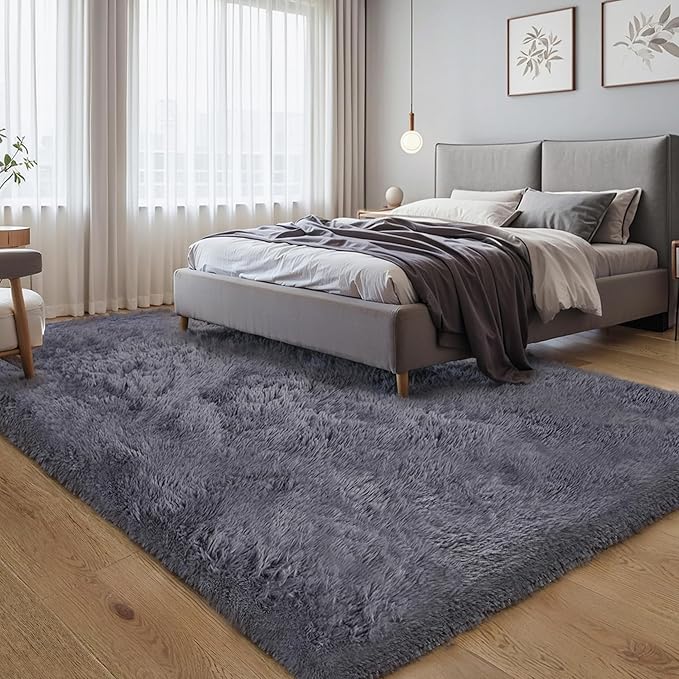 KICHOWUA Thick Area Rug Grey 6x9 Fluffy Shag for Bedroom Living Room, Ultra Soft Plush Fuzzy Washable Thickened Non Slip Floor Large Carpet, Modern Furry Shaggy Rug for Kids Baby Nursery Dorm Room