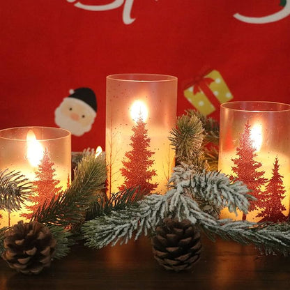 Wondise Glass Flameless Candles with Remote and Timer, Battery Operated Pine Tree Decals Pillar Candles for Home Decoration, Set of 3(D3 x H4/5/6 Inch)