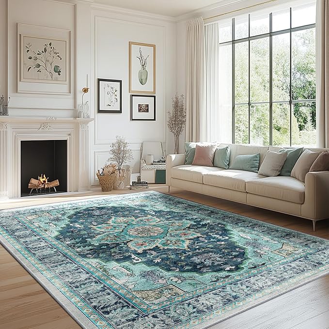 BESTSWEETIE 9x12 Area Rug Washable Rugs for Living Room, No Pile Boho Carpet for Entryway Bedroom Dinning Room, Vintage Carpet Print Distressed Non-Slip, 9 x 12 ft, Teal Dark Green