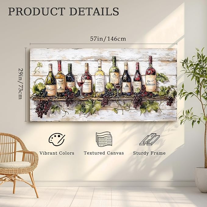 crmotu Still Life Kitchen Wall Art, Wine Bottle Extra Large Artwork, French Country Home Bar Decor Paintings, Modern Home Wall Decor Dining Room Wine Cellar Canvas Art Prints Ready to Hang 29x57inch