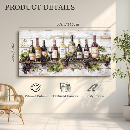 crmotu Still Life Kitchen Wall Art, Wine Bottle Extra Large Artwork, French Country Home Bar Decor Paintings, Modern Home Wall Decor Dining Room Wine Cellar Canvas Art Prints Ready to Hang 29x57inch