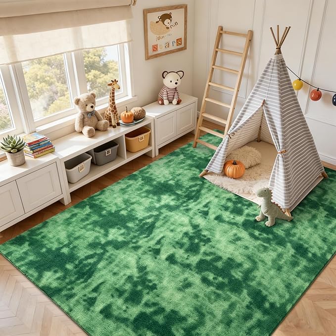 FinRèc 7x10 Washable Area Rugs for Bedroom Living Room, Low Pile Thin Ultra Soft Shag Rug, Non-Slip Carpet Indoor for Home Decor (Tie-dye Green)