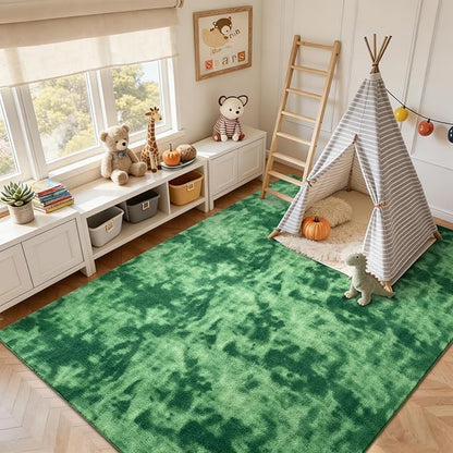 FinRèc 6x9 Washable Area Rugs for Bedroom Living Room, Low Pile Thin Ultra Soft Shag Rug, Non-Slip Carpet Indoor for Home Decor (Tie-dye Green)