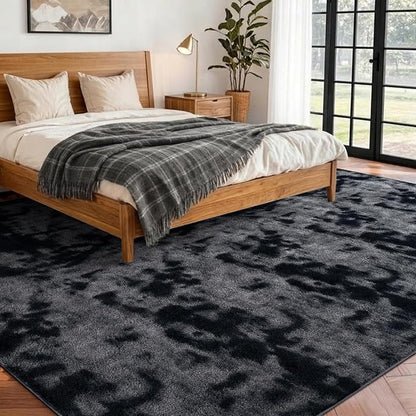 FinRèc 6x9 Washable Area Rugs for Bedroom Living Room, Low Pile Thin Ultra Soft Shag Rug, Non-Slip Carpet Indoor for Home Decor (Tie-dye Dark Grey)