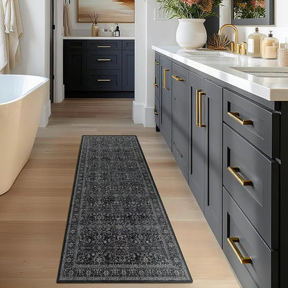 Dark 2x6 Runner Rug for Hallways Entryway, Vintage Earth Tone Kitchen Bathroom Runner 6ft, Non Slip Washable Low Pile Thin Carpet Runner for Mudroom/Laundry Room/Bedroom Bedside, Midnight